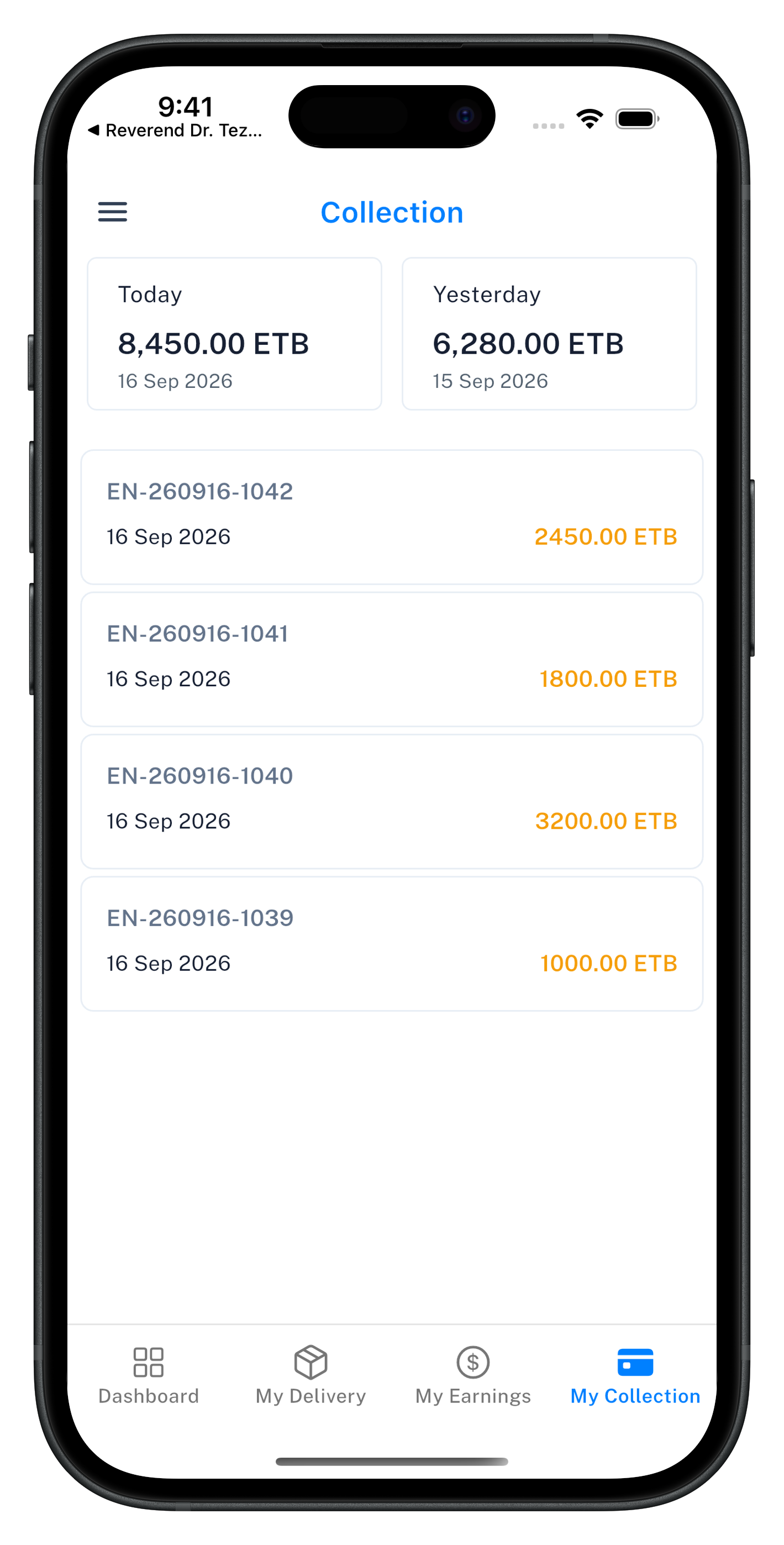 Enova Mart Delivery collections showing daily totals and order payments
