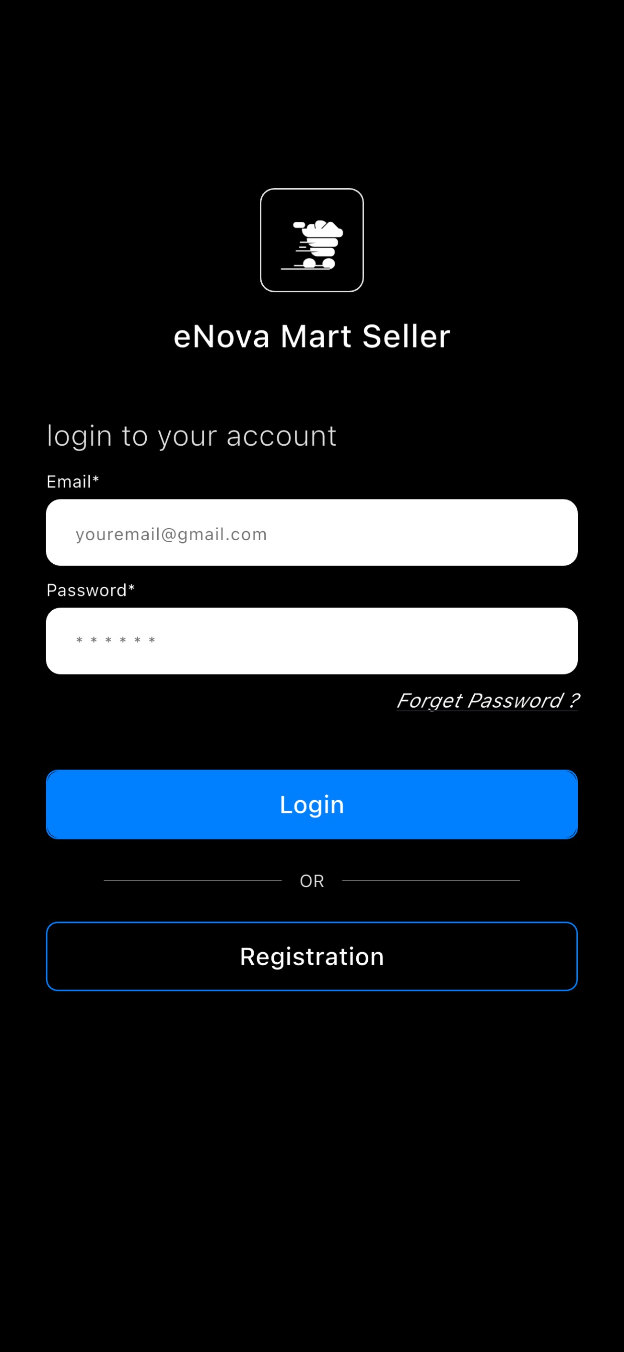 Enova Mart Seller app login and registration screen