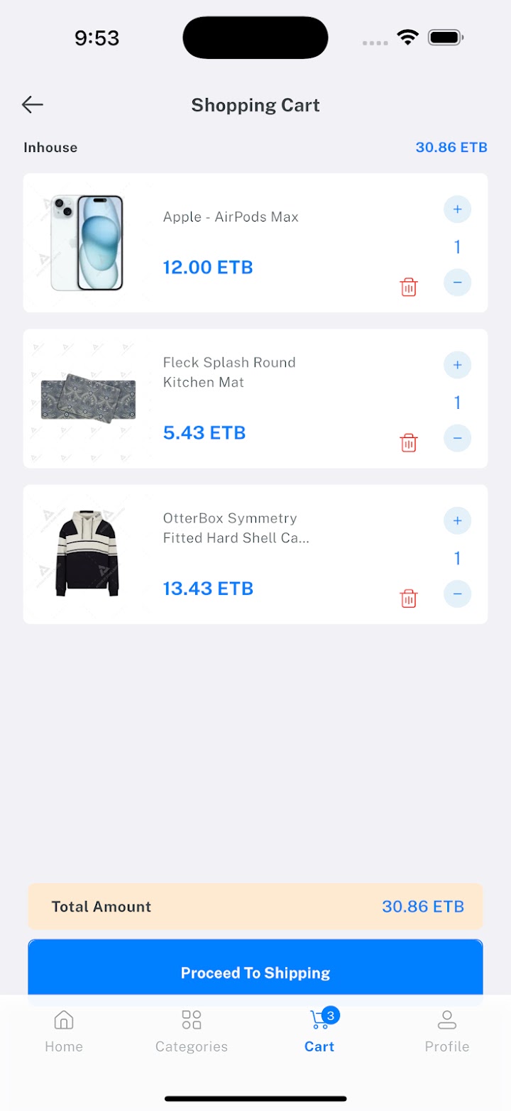 Enova Mart customer app Search results with filters