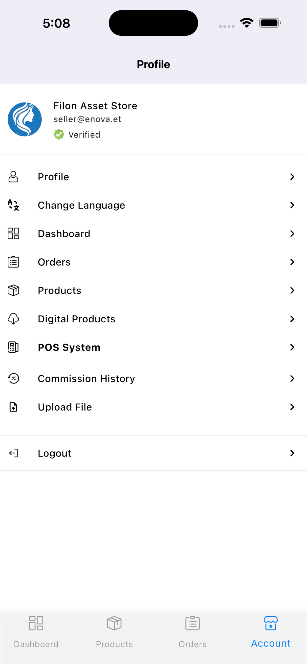 Enova Mart Seller profile screen with orders and product management links